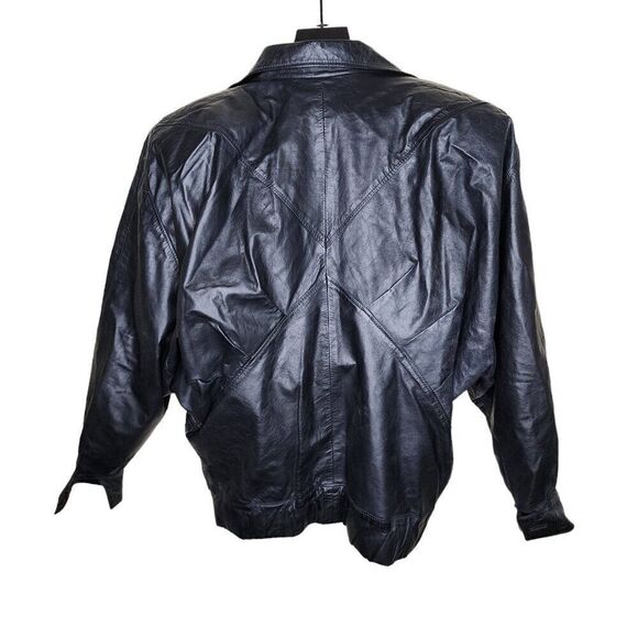Vintage 80s Oversized Leather Jacket Womens Size M Black Double Breasted Shoulde - Picture 6 of 8